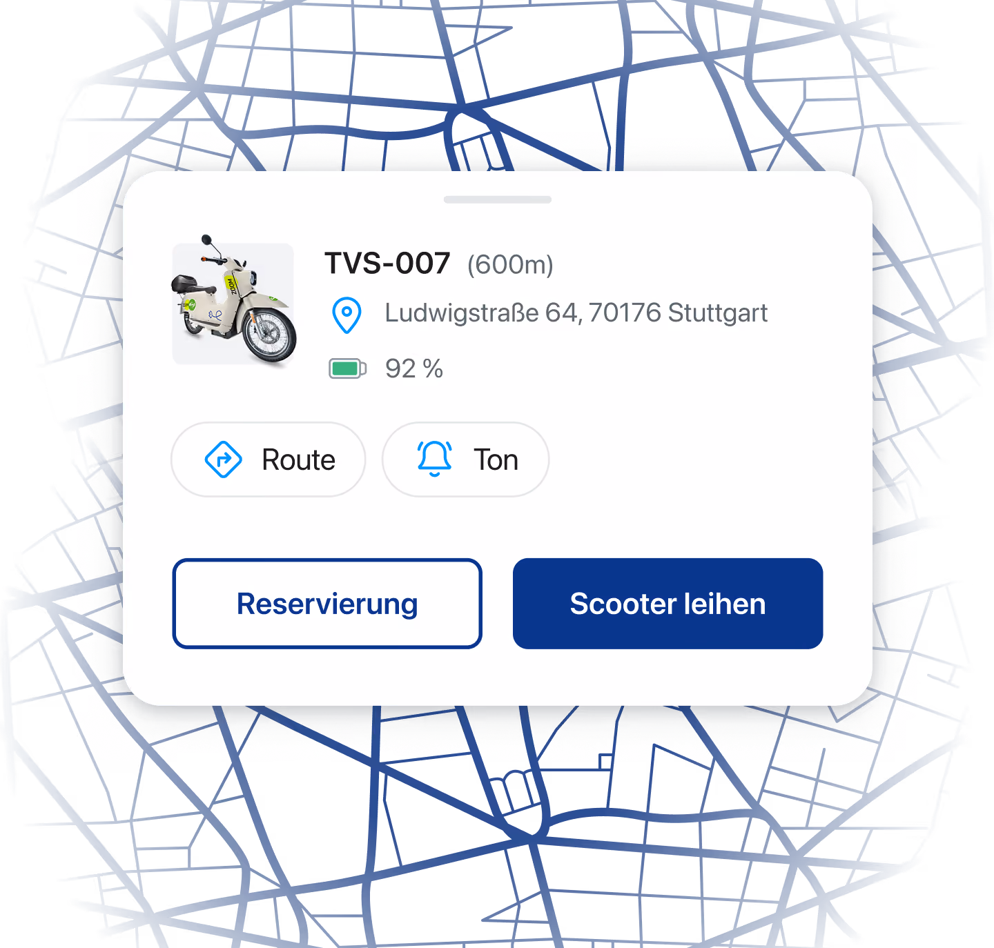 Fahrzeugkarte der TVS E-Scooter-App mit Standort, Akkustand und den Buttons „Reservierung“ und „Scooter leihen“