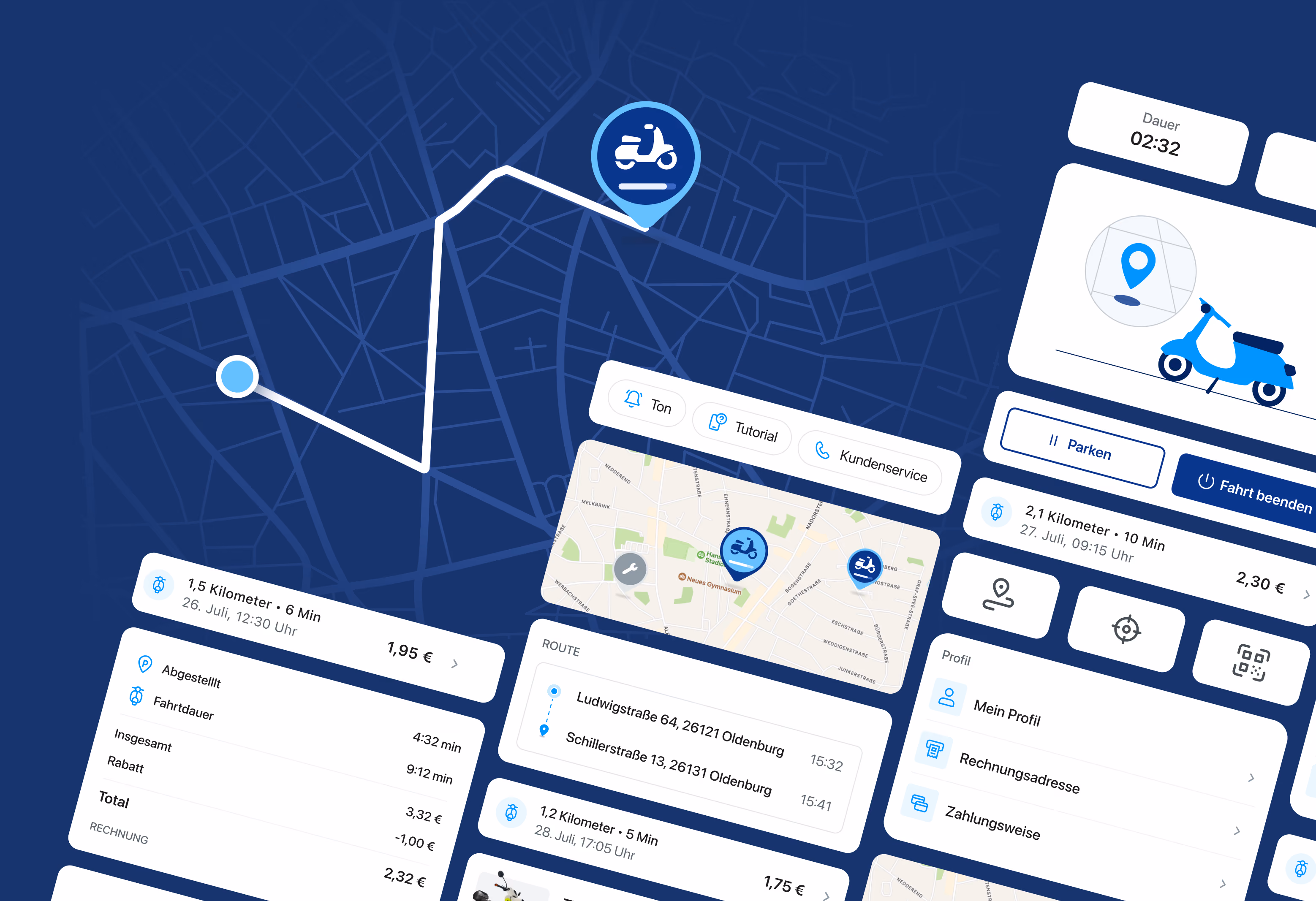 Illustration zur TVS E-Scooter-Sharing-App: Stadtkarte mit Route und Fahrzeug-Marker, daneben Oberflächen-Elemente der App