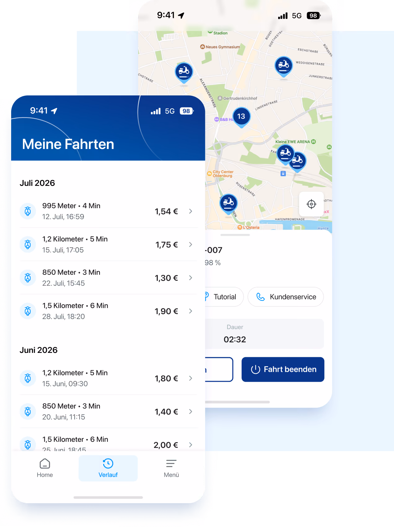 Zwei Screens der TVS E-Scooter-App: Fahrtenverlauf „Meine Fahrten“ und laufende Fahrt mit Kartenansicht
