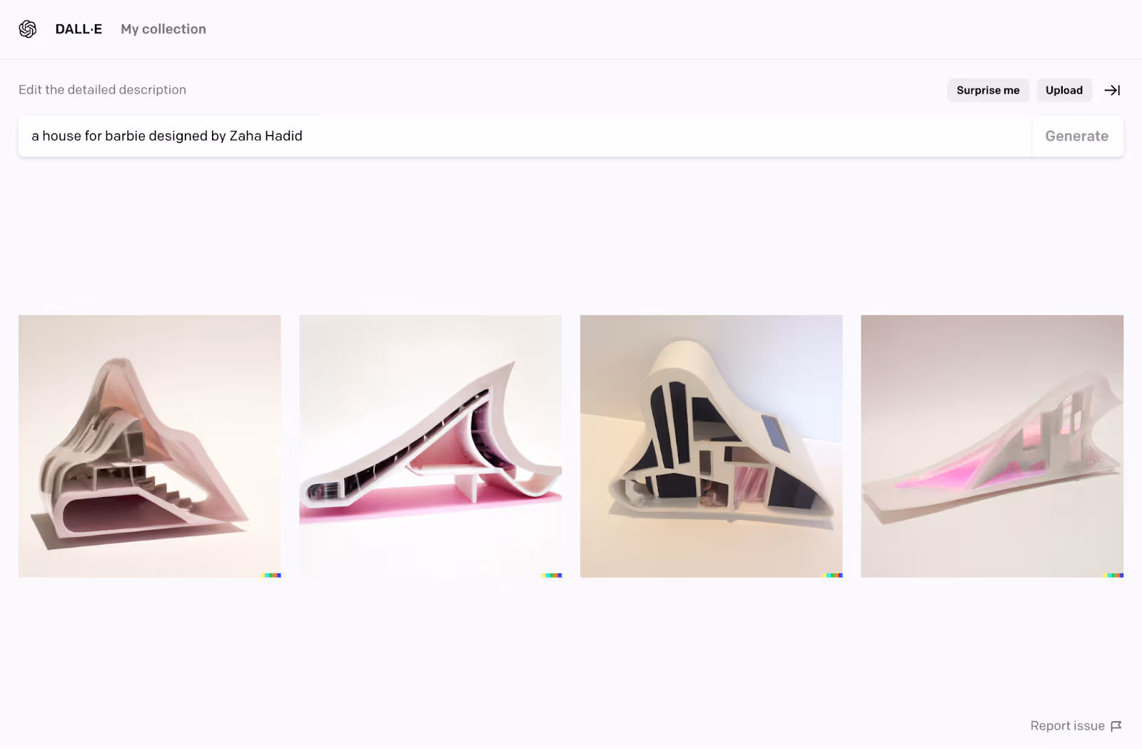 AI generated image of a house for barbie designed by Zaha Hadid