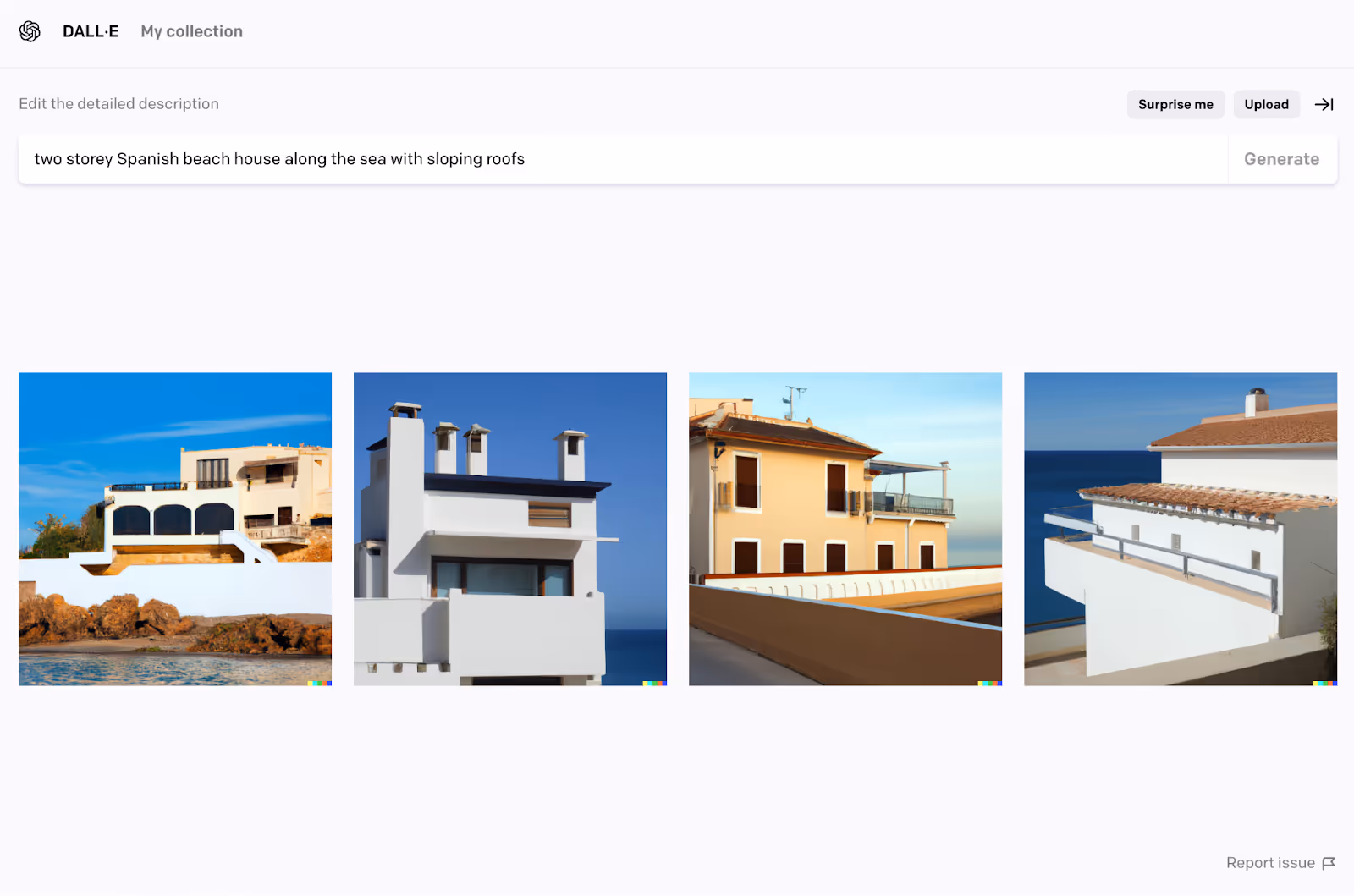 AI generated image of a two storey Spanish beach house along the sea with sloping roofs