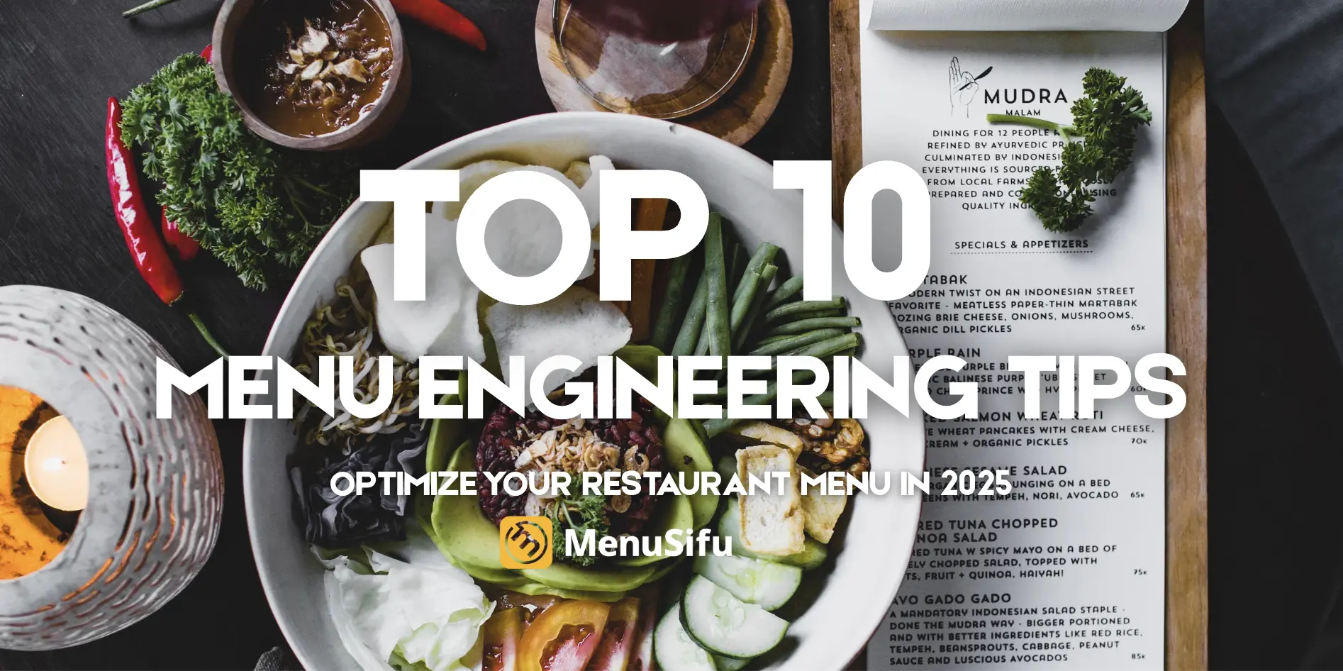 MenuSifu banner with food bowl and printed menu, promoting top 10 menu engineering tips for 2025.