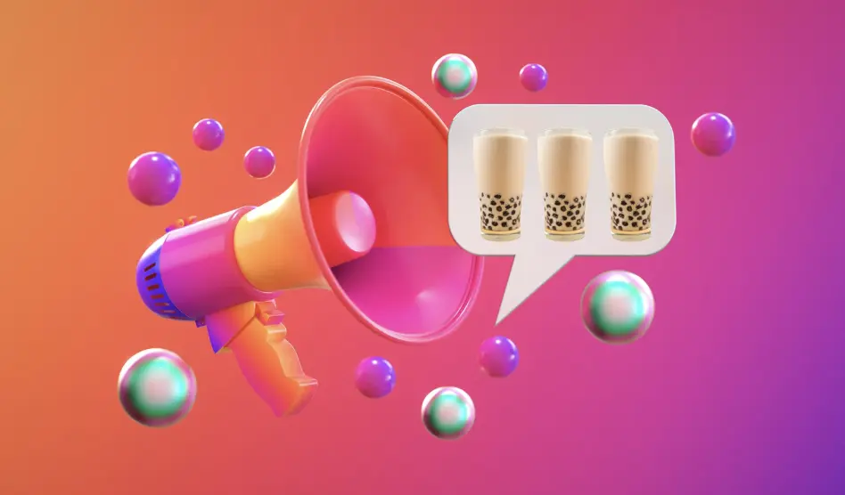 3D illustration of a megaphone and bubble tea drinks symbolizing marketing and social media engagement