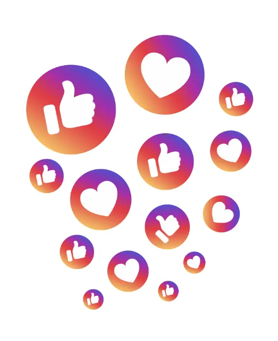 Floating Instagram-style like and heart icons symbolizing the power of user-generated content and social proof in marketing bubble tea.