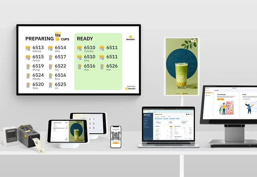 A complete MenuSifu POS system setup for bubble tea shops, including digital displays, KDS screen, self-ordering kiosk, receipt printer, QR code, and desktop ordering dashboard.