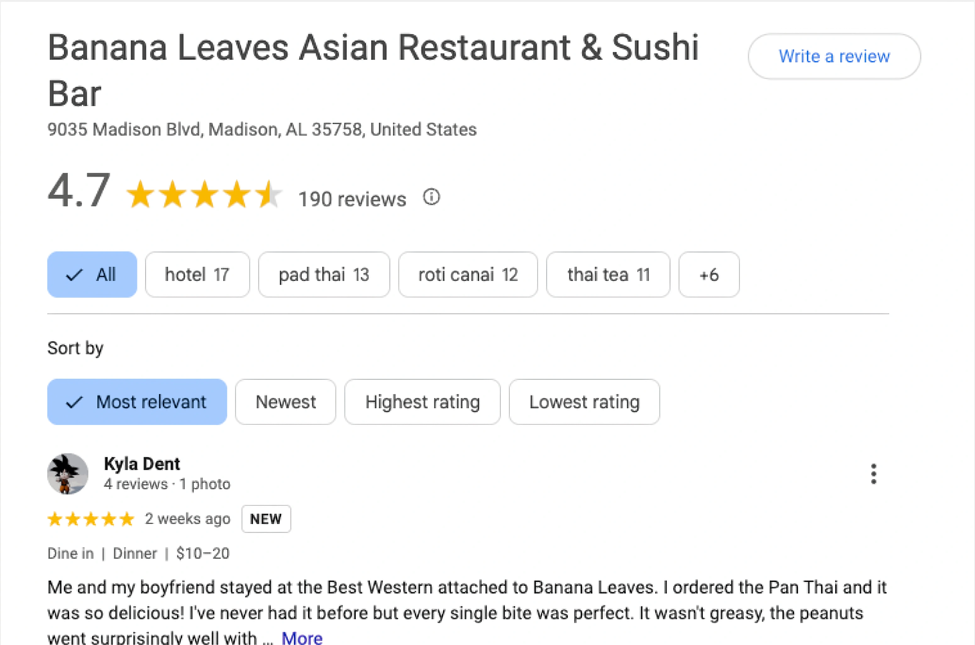 Banana Leaves 在 Google 上获得 4.7 分好评，190 条评价