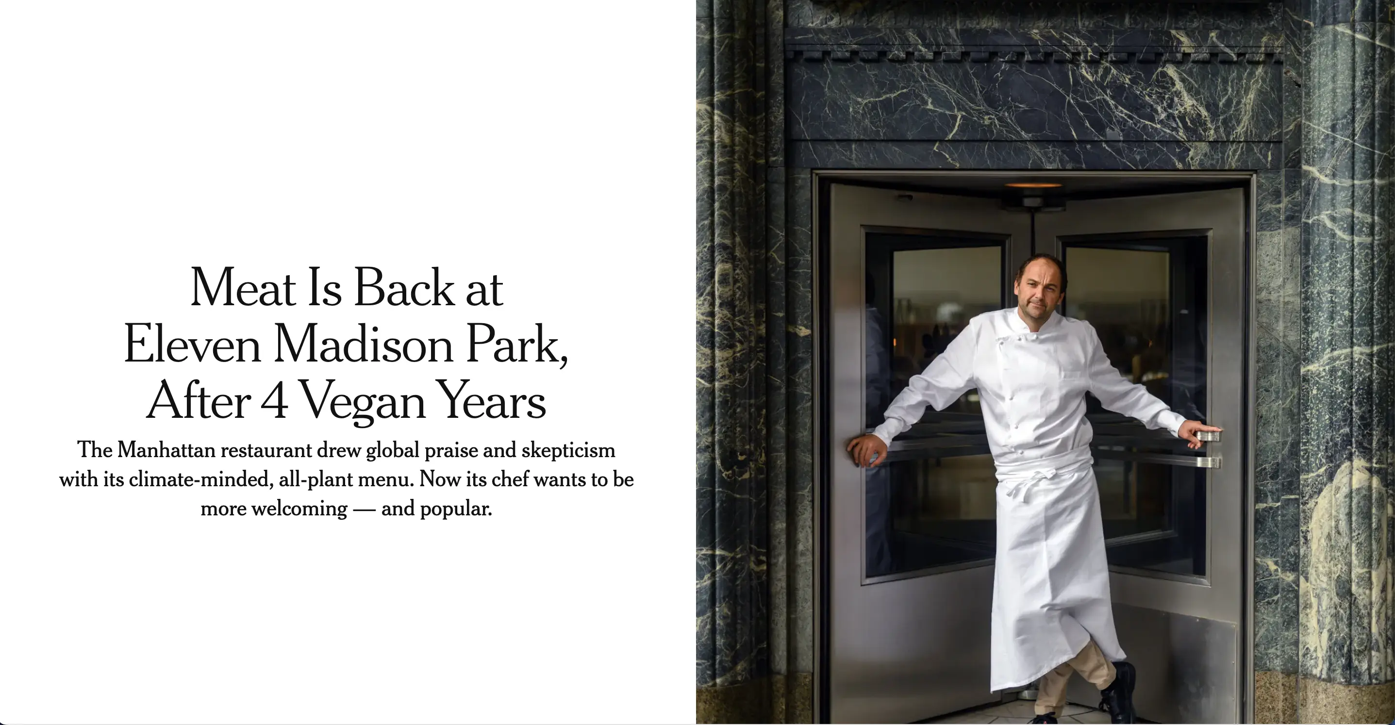 纽约时报头条，时隔四年，Eleven Madison Park又有肉了，主厨丹尼尔·胡姆（Daniel Humm）站在餐厅门口