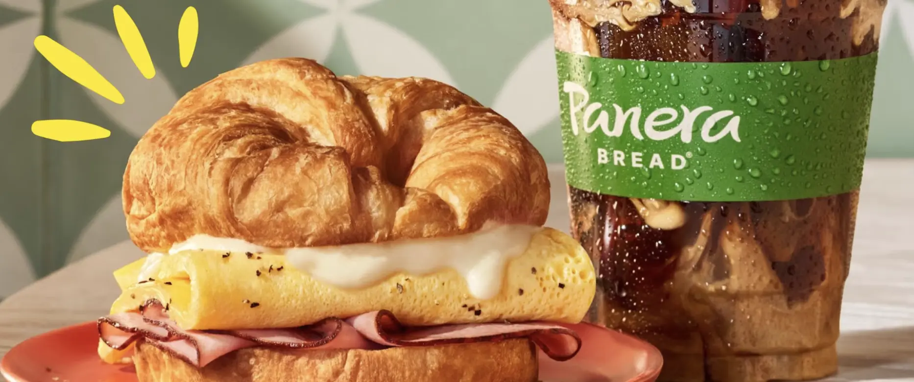 Panera Bread早餐套餐：芝士火腿可颂和冰咖啡