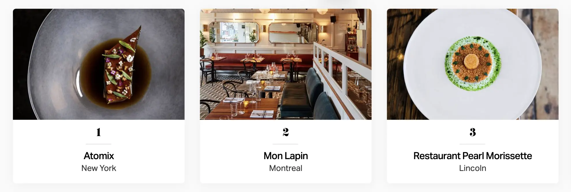 Best 50 Restaurant North America 2025北美五十佳餐厅2025最佳餐厅前三名:分别是Atomix,Mon Lapin,Peral Morissette