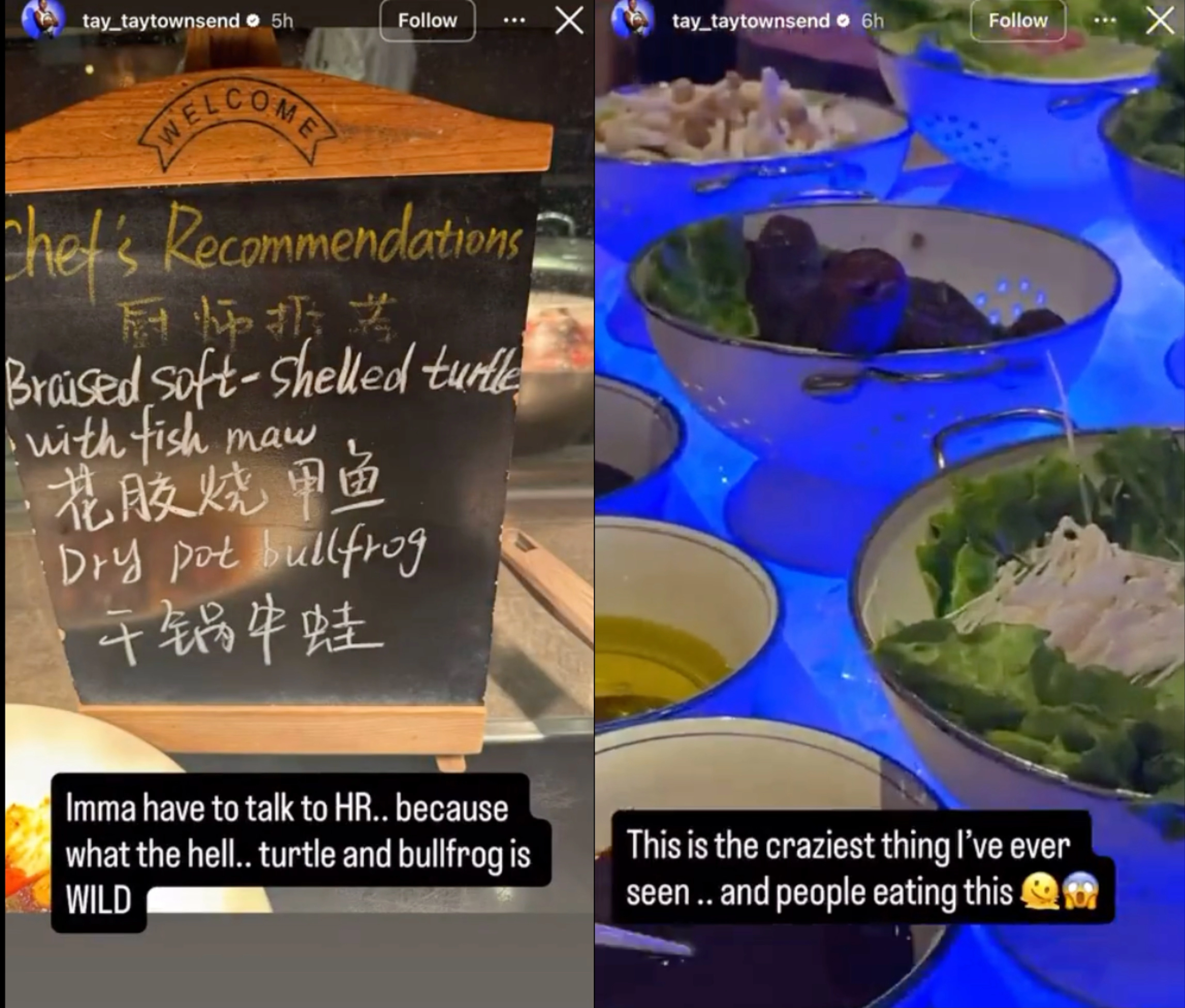 Taylor Townsend在instagram上称酒店自助餐中看到的诸如花胶烧甲鱼、干锅牛蛙,海参等地方特色菜肴是“最疯狂的东西”,直言“让人恶心”