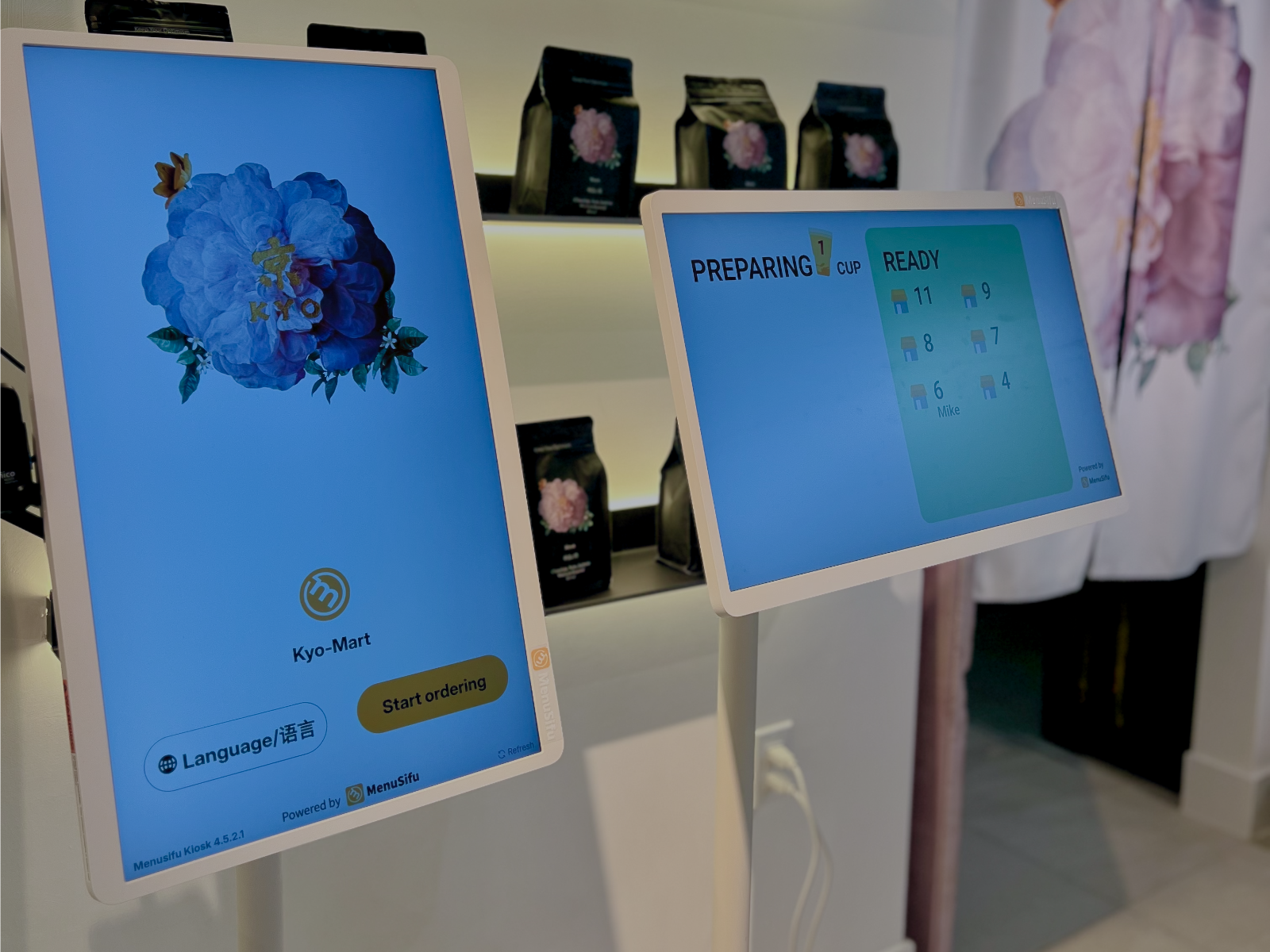MenuSifu self-service kiosk and digital order status display at KYO, a Japanese-inspired tea and dessert shop in Flushing, allowing customers to place orders and check pick-up progress efficiently.