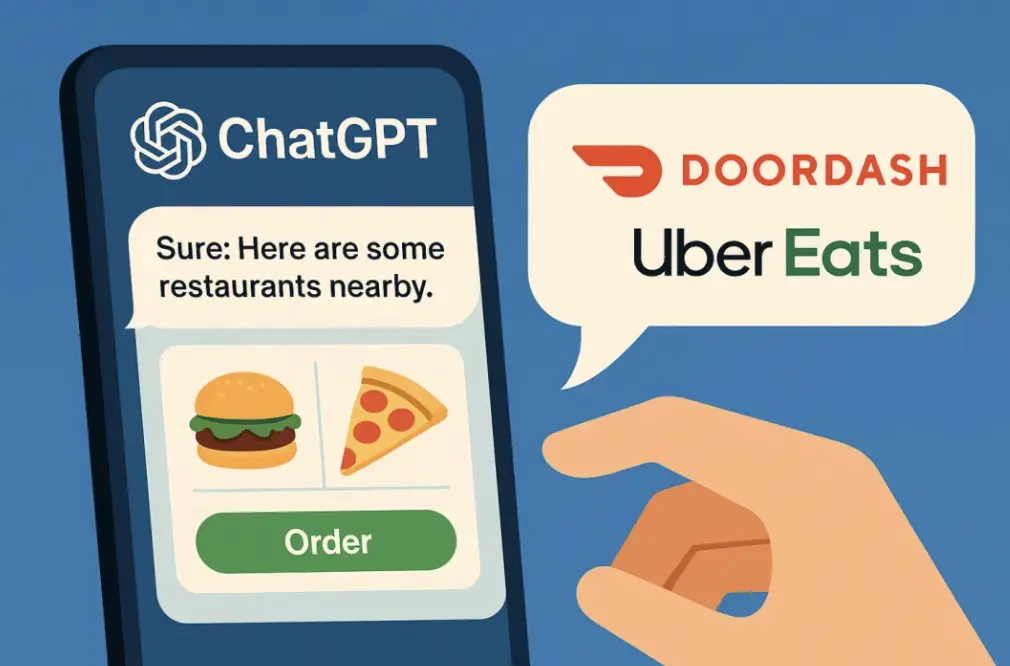 AI生成图，顾客正在与Chat GPT聊天，Chat GPT已经介入了DoorDash和Uber Eats等外卖平台