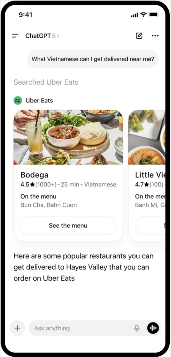 Chat GPT手机聊天狂，用户问ai附近哪有越南菜外卖，Chat GPT给出了uber eats上附近的选项