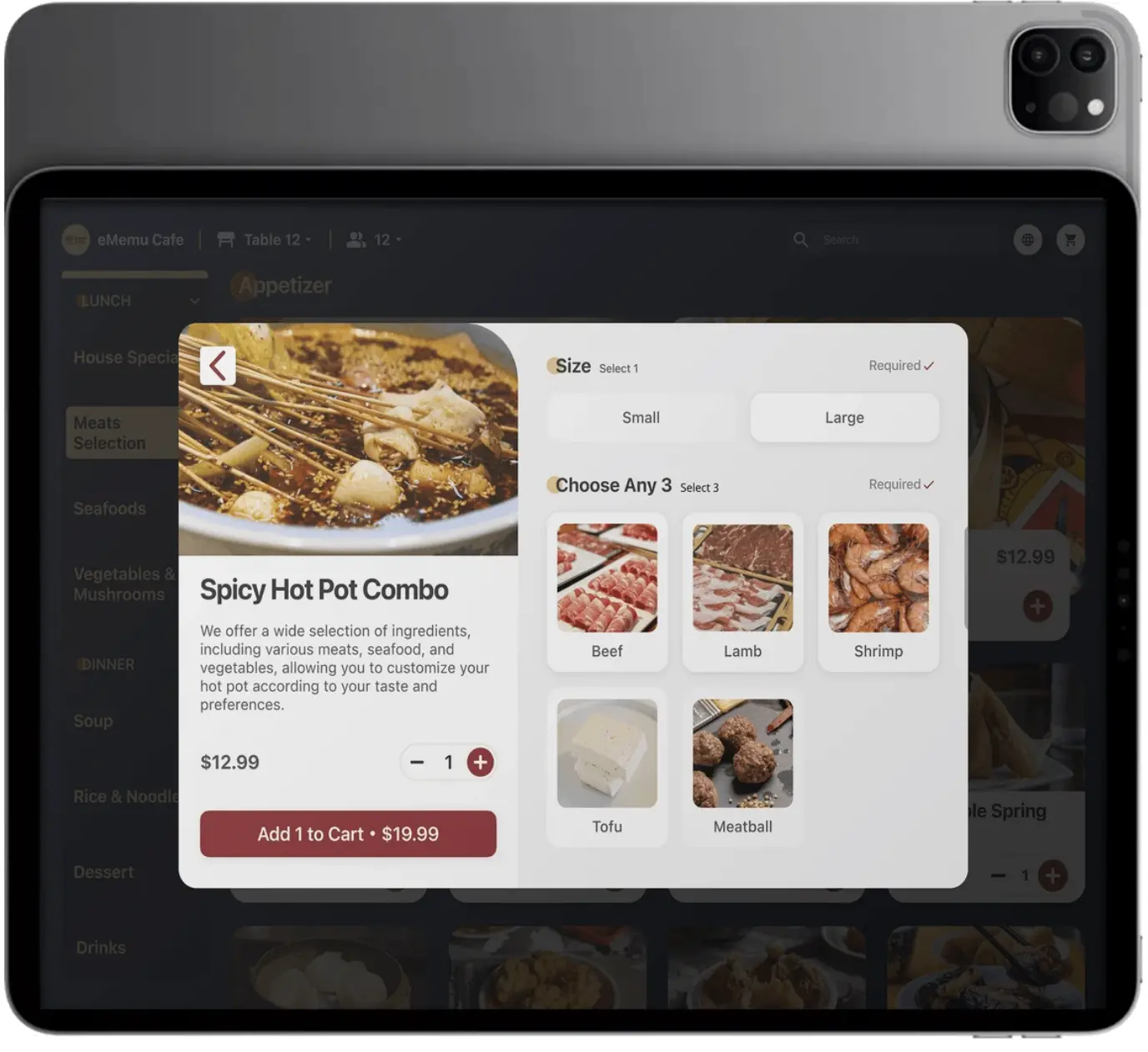 Close-up view of the MenuSifu tablet ordering interface showing a customizable hot pot combo menu, allowing customers to select size and ingredients like beef, lamb, and shrimp.