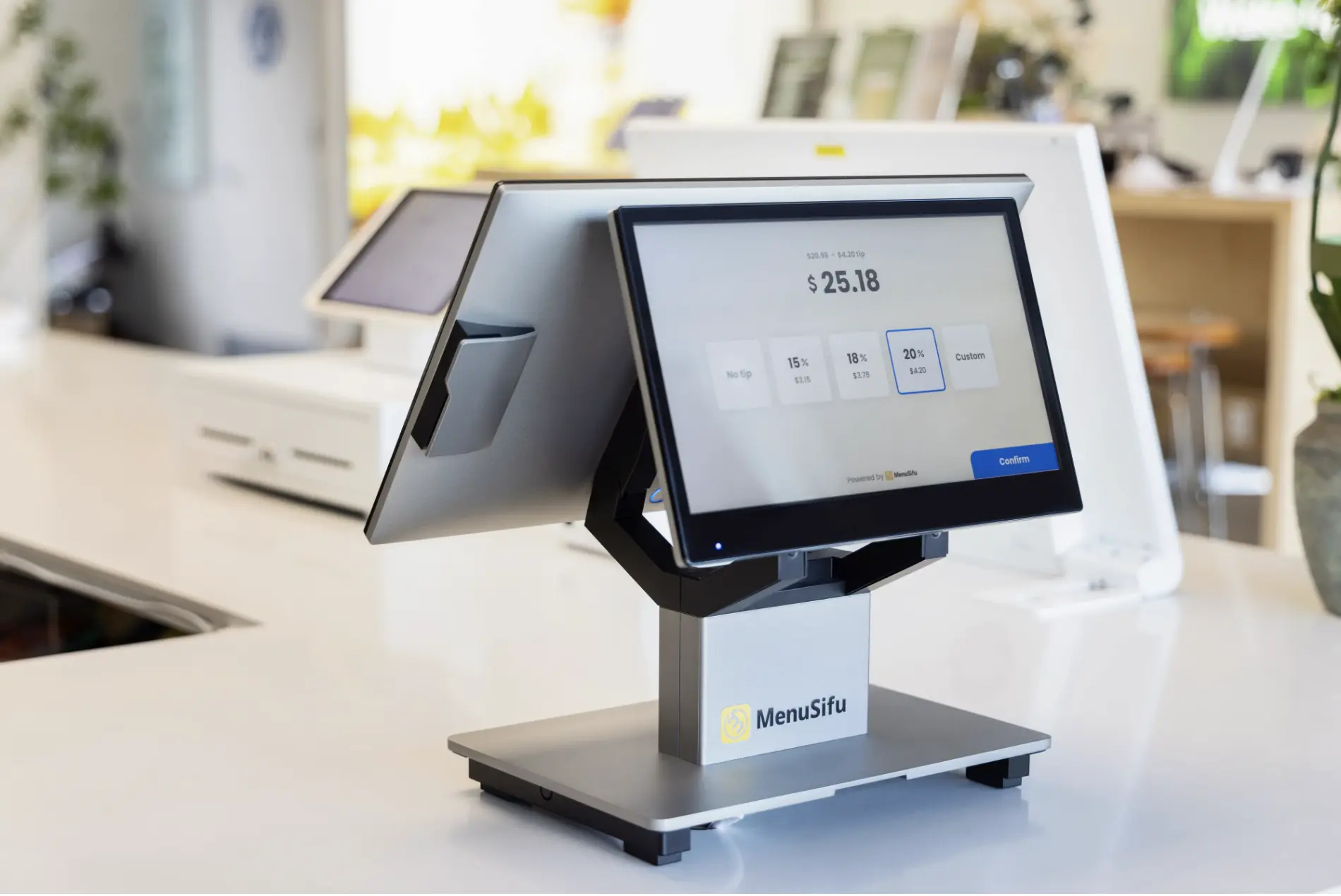 MenuSifu dual-screen POS terminal showing payment and tip options, enhancing checkout efficiency and customer experience in restaurants.