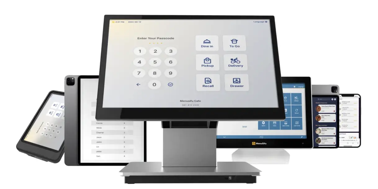 Multiple MenuSifu POS devices including tablets and touchscreens displaying dine-in, to-go, and delivery options for full restaurant management.