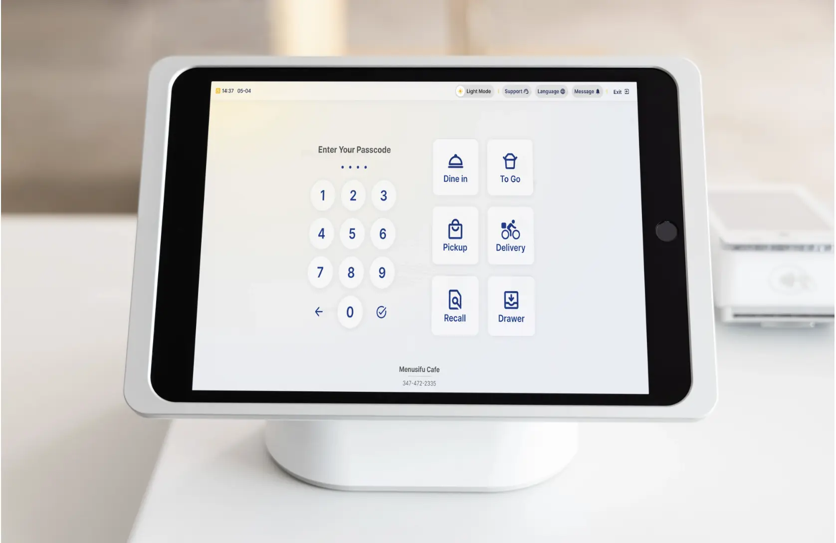 Close-up view of the MenuSifu POS terminal showing order management options such as dine-in, pickup, and delivery.