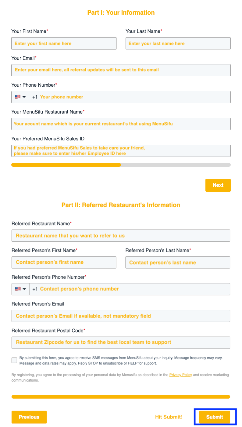 MenuSifu Existing Client Referral submission form with personal and referred restaurant information fields.