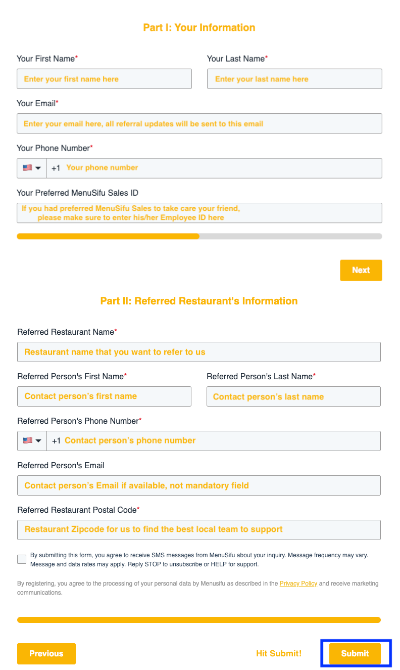 MenuSifu Affiliate Referral submission form with personal and referred restaurant information fields.