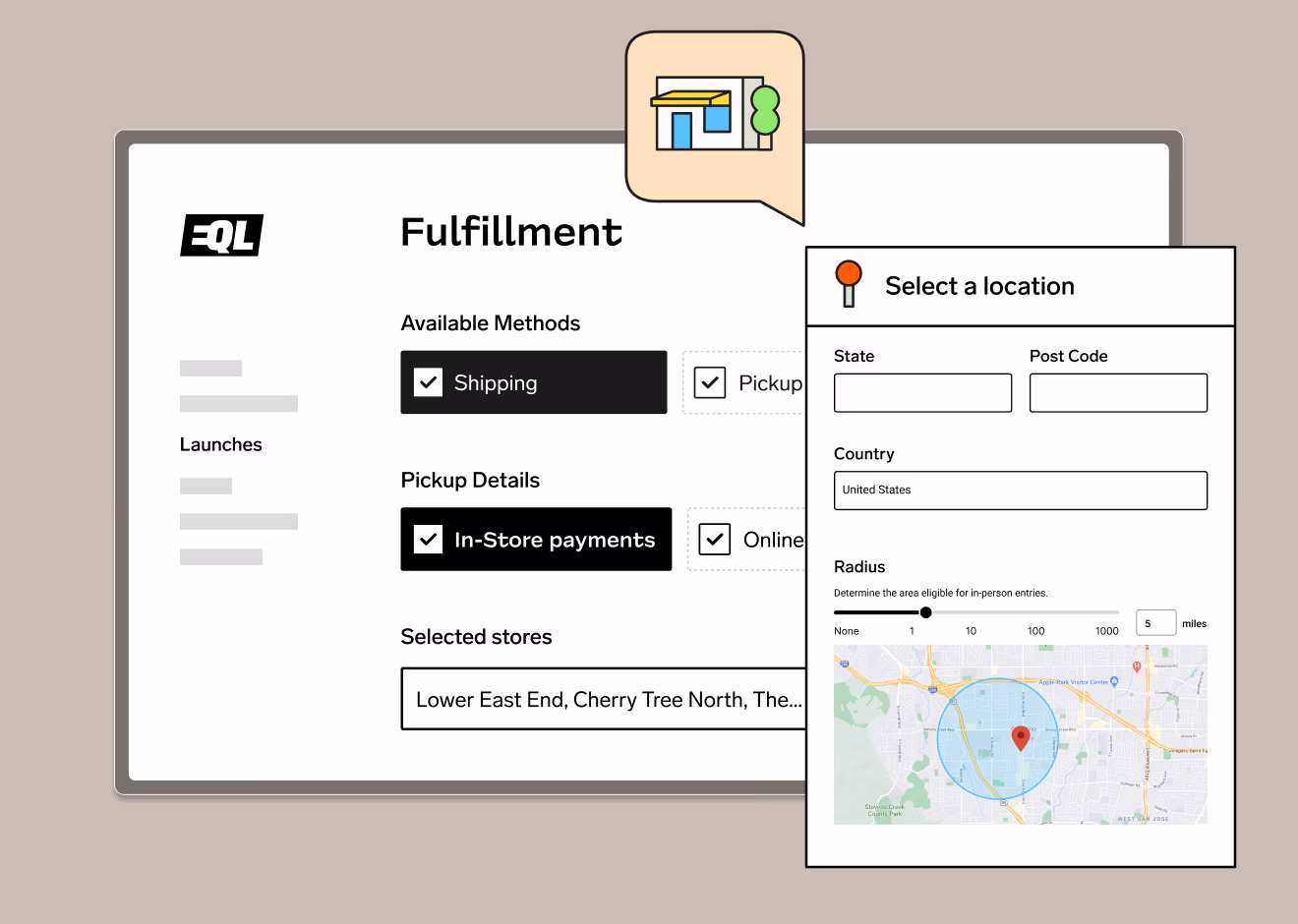 Fulfillment options interface showing checked Shipping and In-Store Payments, with a location selection panel including state, post code, country fields, radius slider, and a map with a 5-mile radius highlighted.