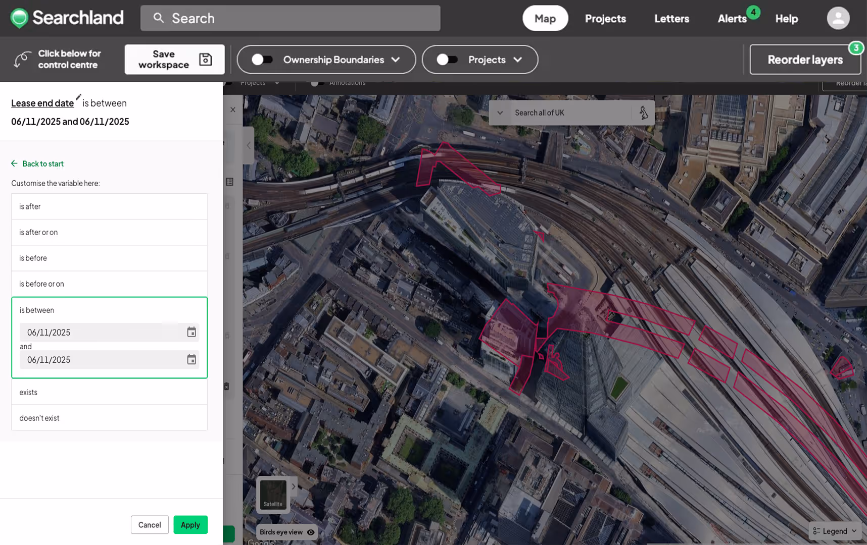 Aerial satellite view of urban area with highlighted property boundaries overlaid in red, showing roads, rail tracks, and buildings, alongside a control panel filtering lease end dates between 06/11/2025 and 06/11/2025.