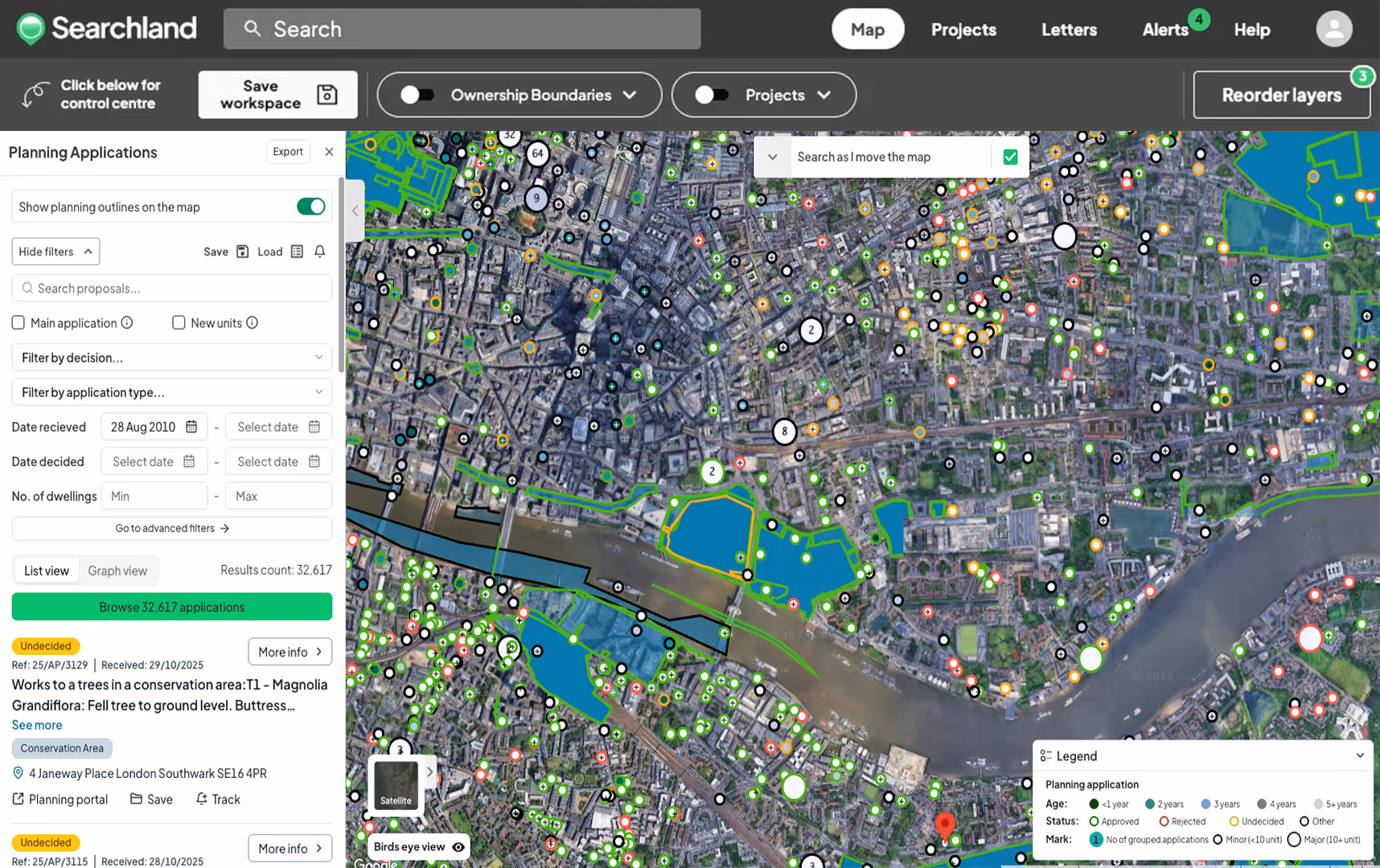 Interactive map of London on Searchland platform showing planning application markers with filters and controls on the left panel.