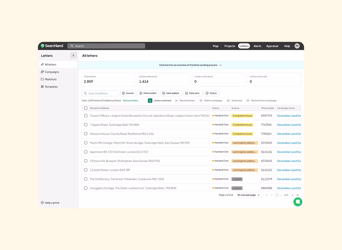 Searchland UI | Letter sending system