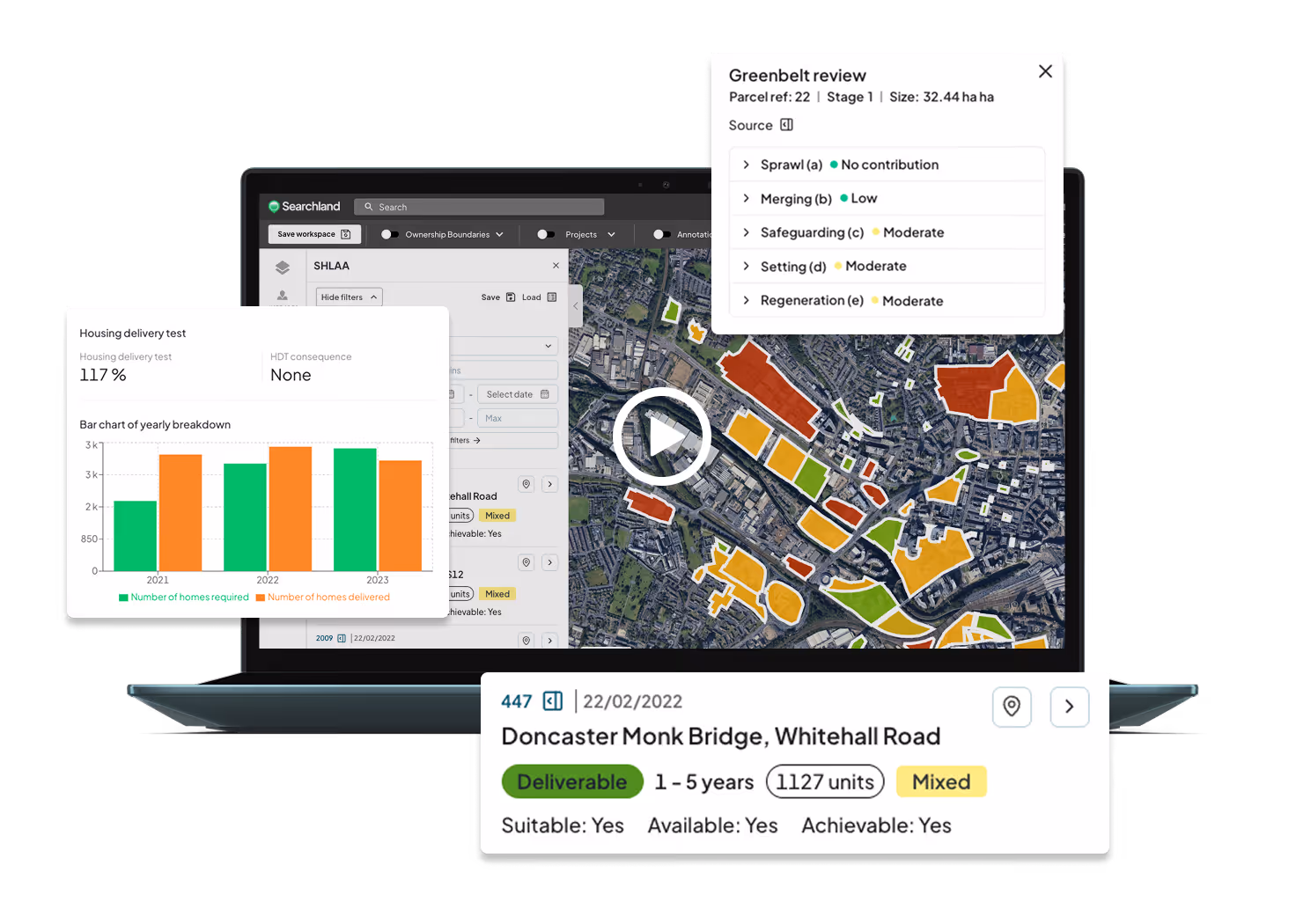 Laptop screen displaying a map with colored land parcels and data panels for housing delivery, greenbelt review, and Doncaster Monk Bridge project details.