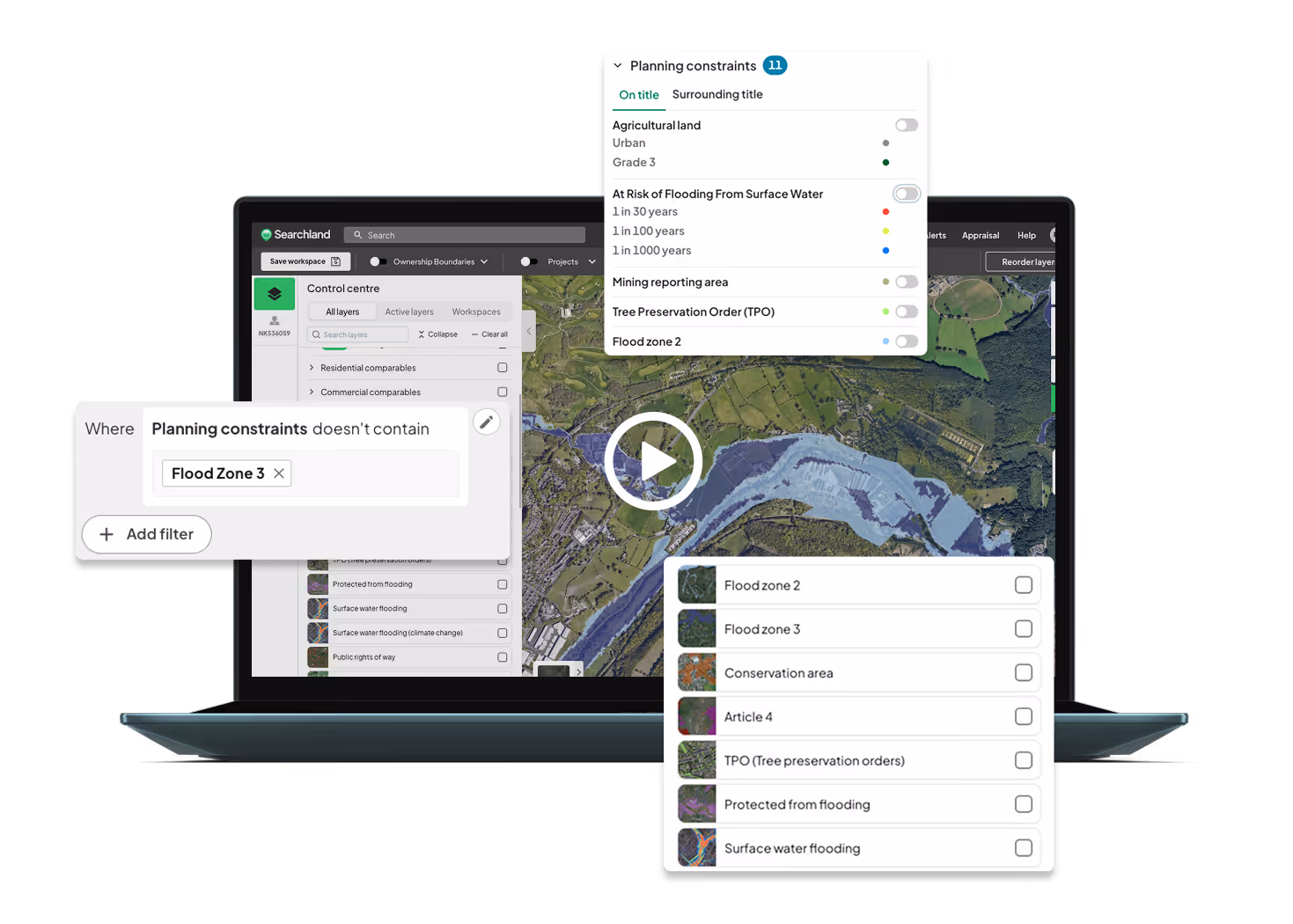 Laptop displaying a mapping application with planning constraints highlighted on a landscape map and filter menus for flood zones, tree preservation, and mining reporting.
