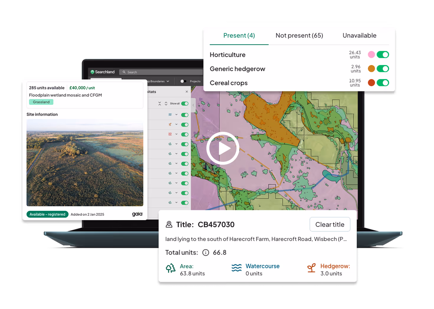 Laptop screen showing a land management tool with map layers, site details including available units, land type, area, watercourse, and hedgerow units.