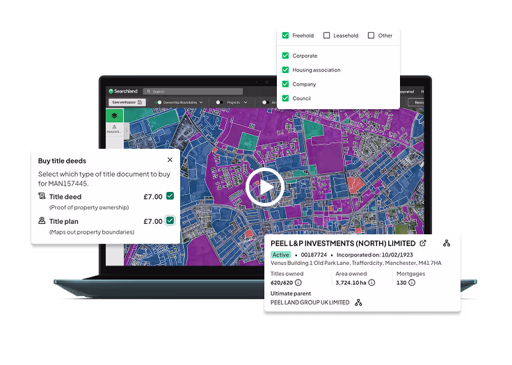 Laptop screen displaying a colorful digital map with property ownership data, including ownership categories filter, title deed purchase options, and detailed company investment info.