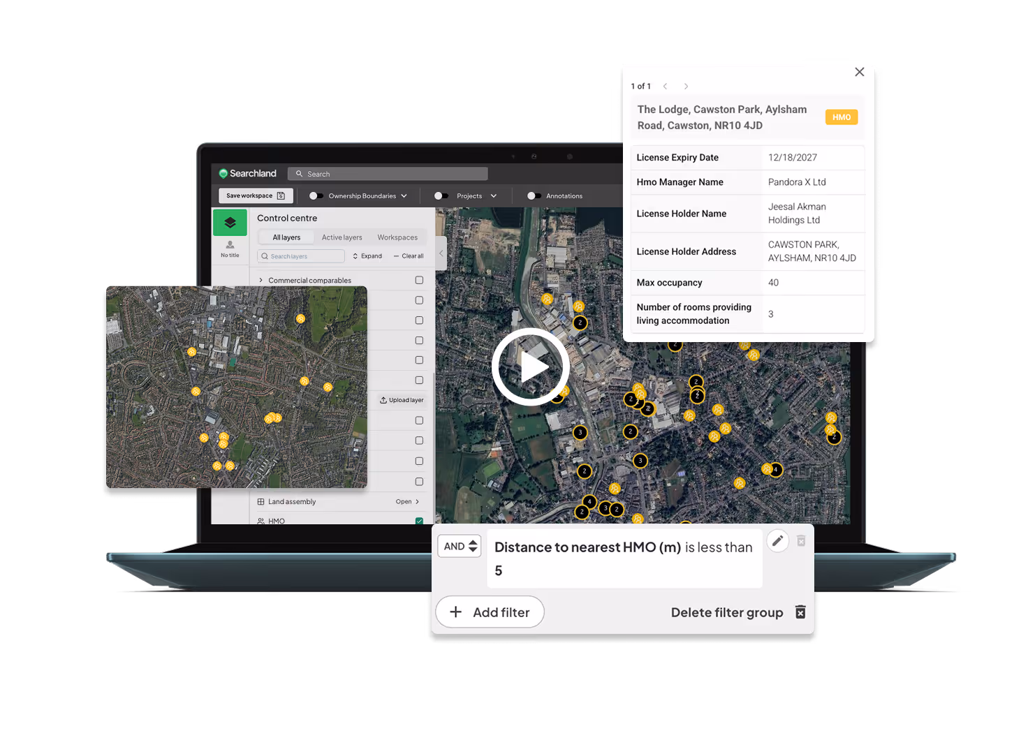 Laptop screen displays a map with concentred yellow markers indicating HMOs, a control center interface to toggle layers, a detailed HMO data panel, and a filter for distance to nearest HMO less than 5 meters.