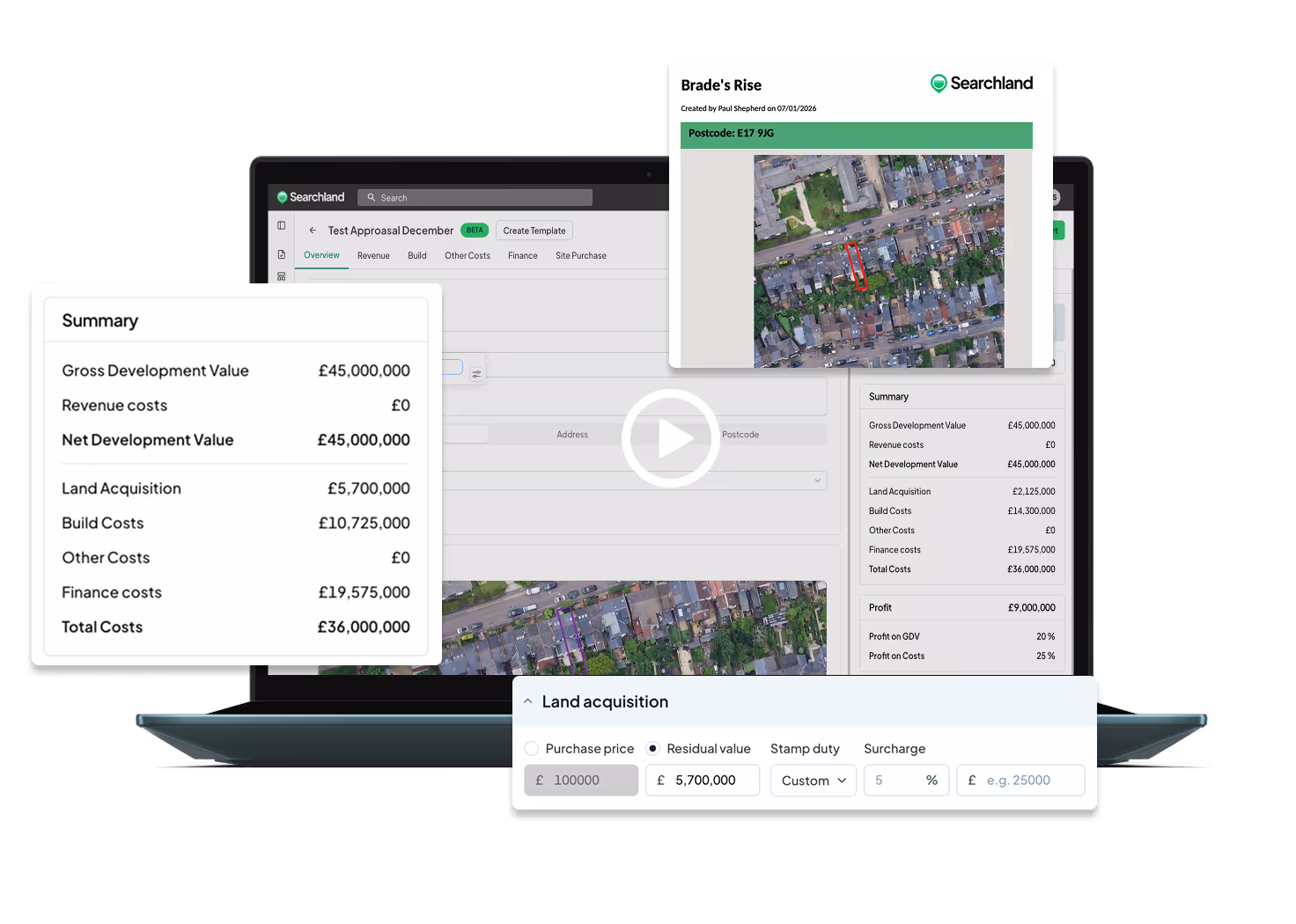 Laptop screen showing Searchland app with property appraisal summary, land acquisition settings, and aerial map of residential area with highlighted plot.