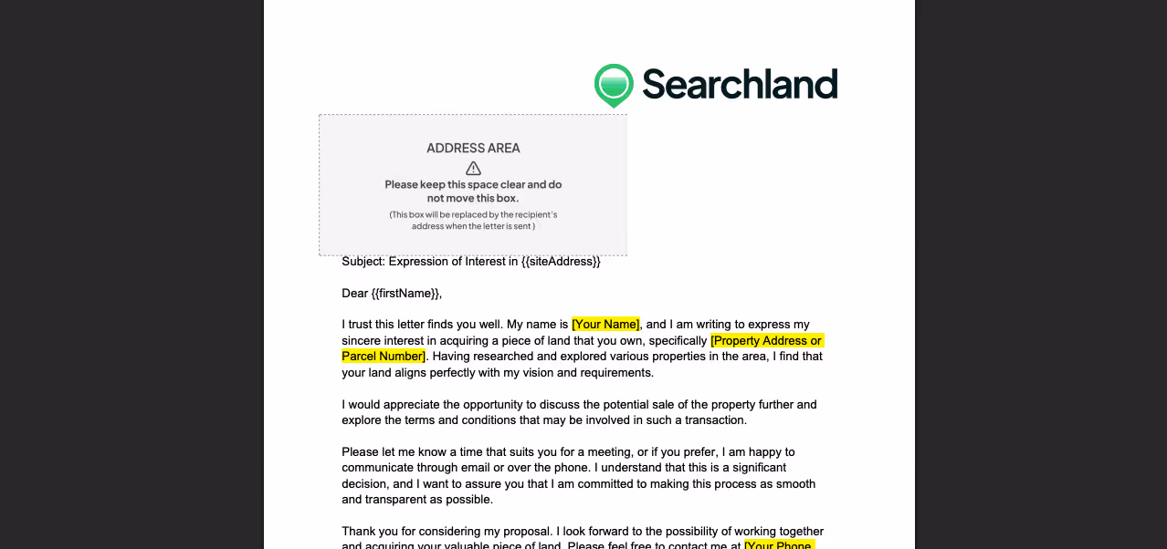 Sample letter template from Searchland expressing interest in purchasing land, with placeholders for recipient's address, sender's name, and property details highlighted.