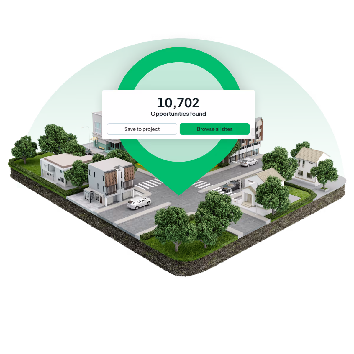 3D model of a residential neighbourhood with modern houses, streets, trees and cars highlighted by a large green location pin showing '10,702 opportunities found' with buttons to save or browse all sites.