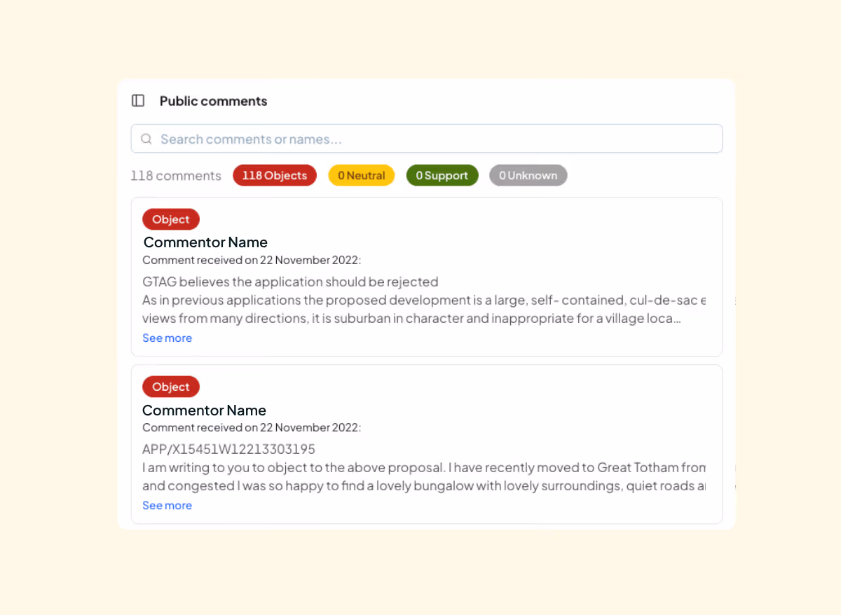 Public comments section showing 118 comments with all marked as objects and none neutral, support, or unknown; displays two example comments objecting to a development proposal.