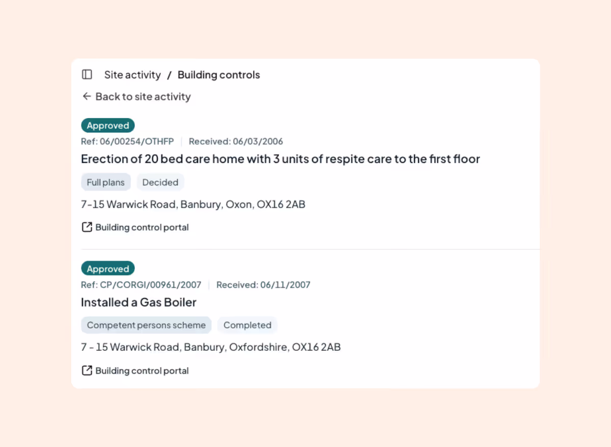 Screenshot of building control records showing two approved activities: erection of a 20-bed care home with 3 respite care units at 7-15 Warwick Road, Banbury, Oxon, and installation of a gas boiler at the same address, both marked as decided or completed.