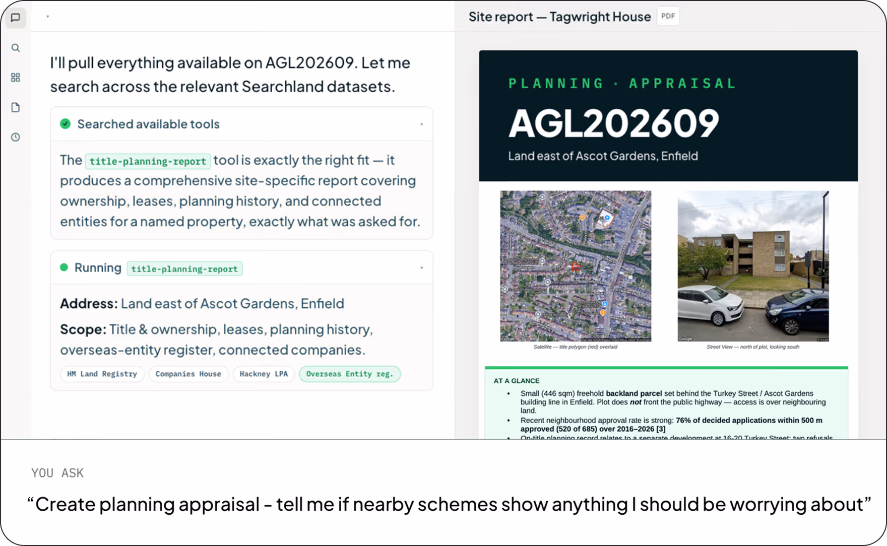 Screenshot of a planning appraisal process for property AGL202609 in Enfield, showing a site report titled 'Planning Appraisal AGL202609' with an aerial map and street view of the land east of Ascot Gardens, along with a summary of ownership, leases, planning history, and connected entities.