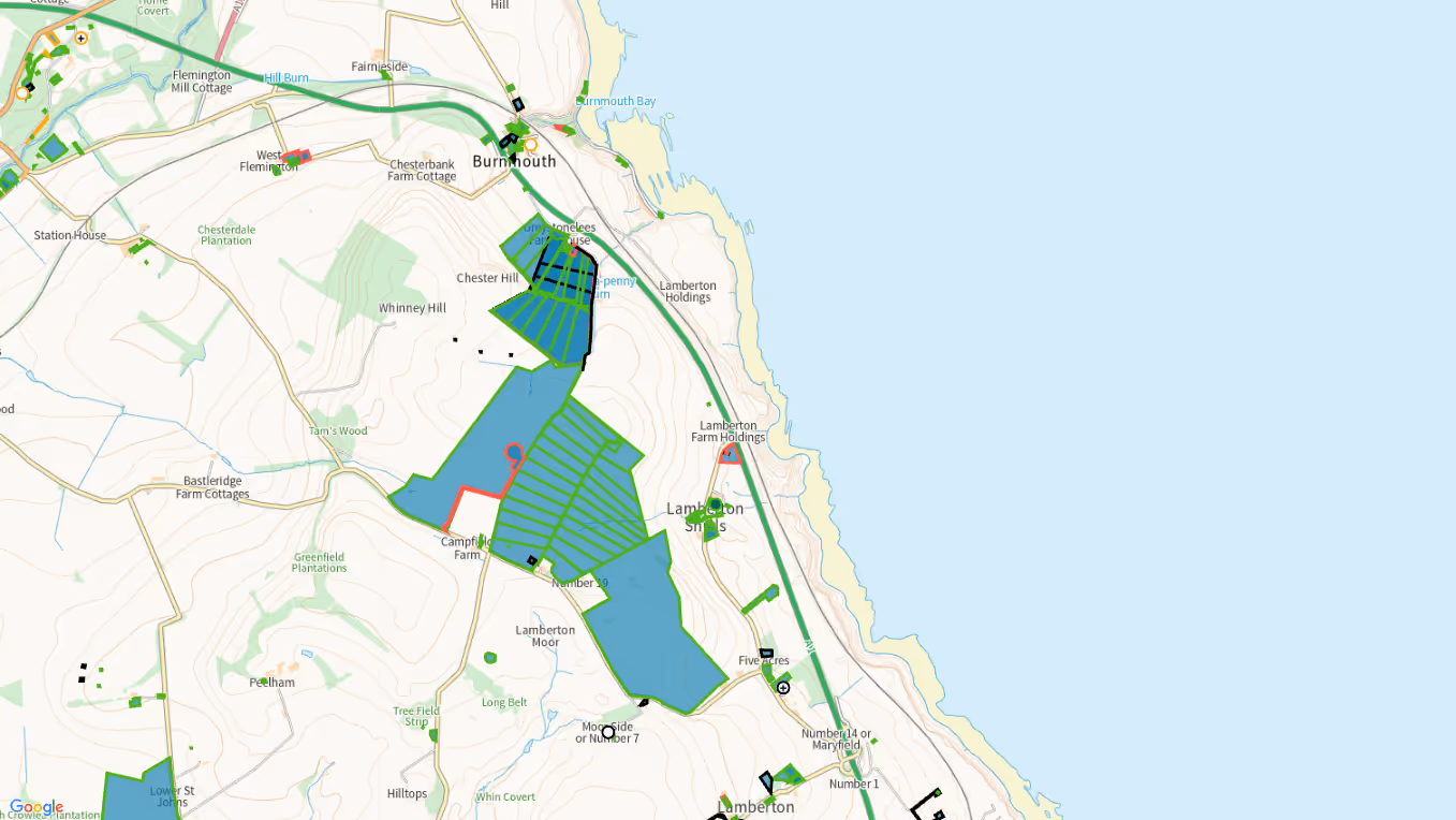 Map showing Burnmouth and Lamberton area with farms, plantations, roads, and coastline on the right.