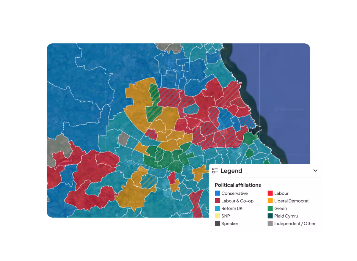 Political map with areas coloured by party: Conservative blue, Labour red, Lib Dem orange, Green, Reform UK, SNP, and others.