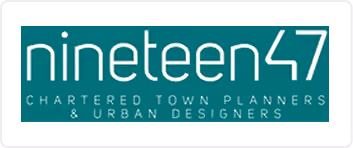 Logo with text nineteen47 Chartered Town Planners & Urban Designers in white on teal background.