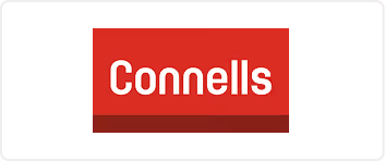Connells logo in white on a red rectangle with a shadow, on a black background.