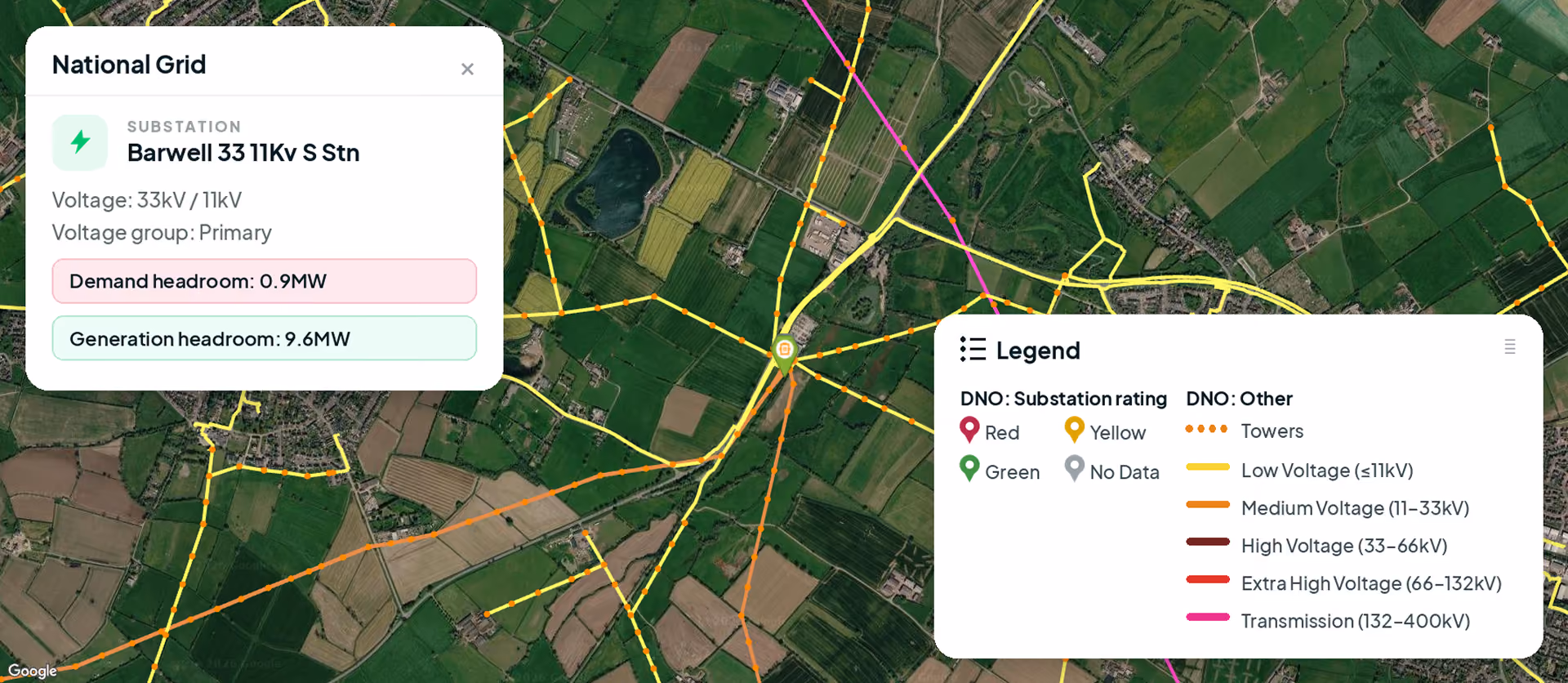 Map showing Barwell 33 11Kv substation with voltage lines color-coded by voltage level and a legend.