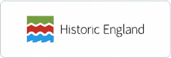 Historic England logo with stylized green, red, and blue waves in a square.