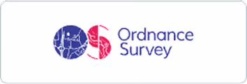 Ordnance Survey logo with blue and magenta circular design.