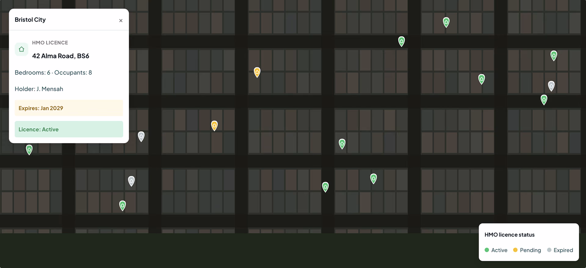Map of Bristol City showing HMO licence status with pins in green, yellow, and grey for active, pending, expired.