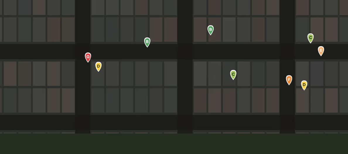 Map showing building layout with colour-coded pins labelled B, C, D, E, F, and G on different floors.