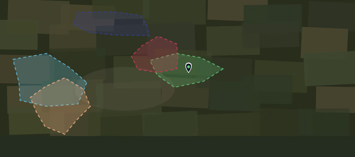 Abstract overlapping polygons in various pastel colours on a dark green textured background.