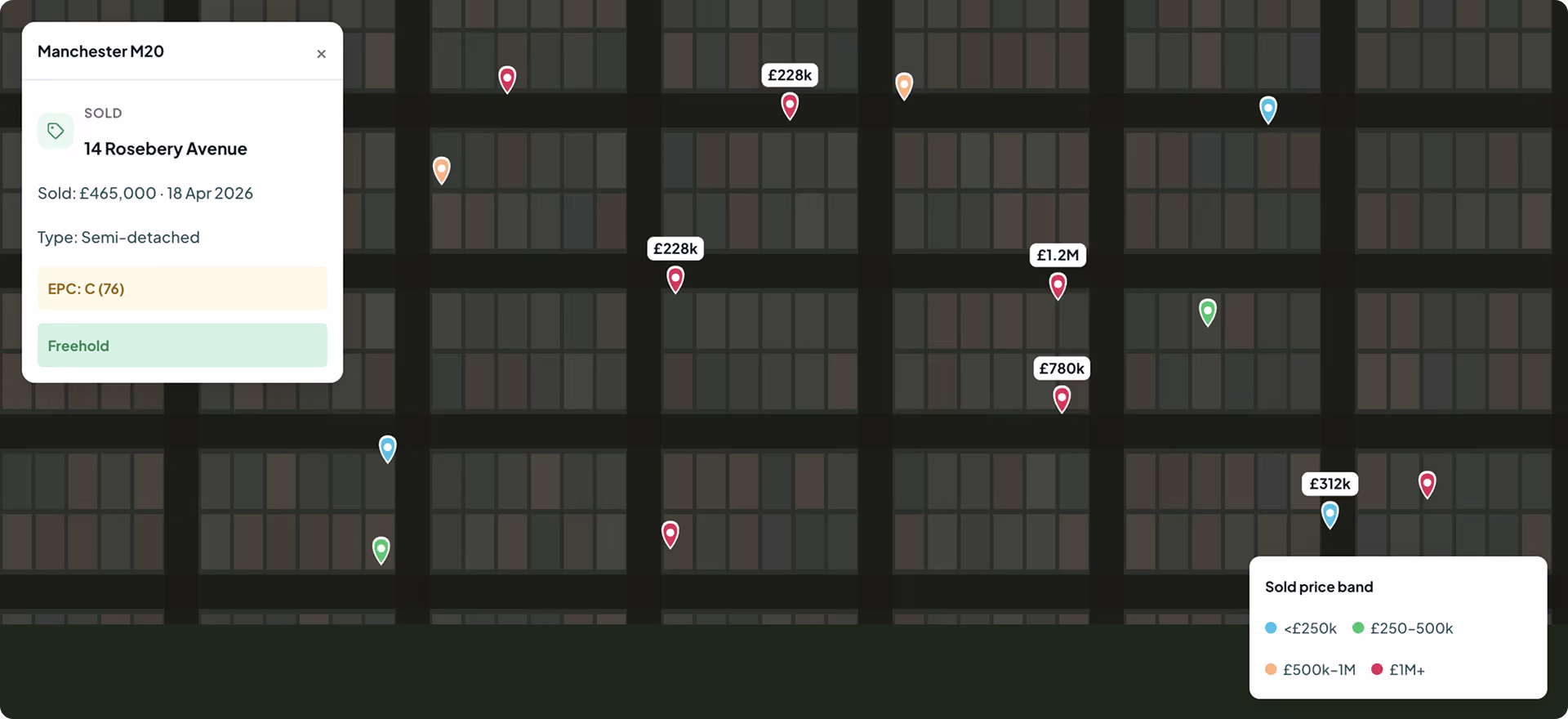 Map showing sold property prices and bands in Manchester M20 with details for 14 Rosebery Avenue.
