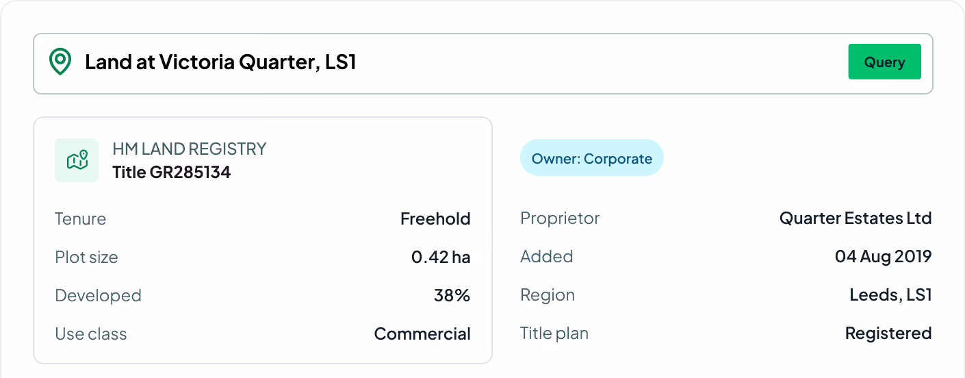 Land at Victoria Quarter LS1, freehold, 0.42 ha, 38% developed, commercial use, owned by Quarter Estates Ltd since 2019.